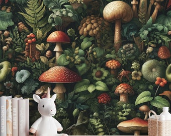 Vintage Red Mushroom Whimsical Botanical Wallpaper, Luxury Wall Decor, Dark Enchanted Forest Wallpaper