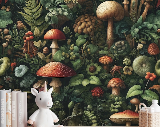 Vintage Red Mushroom Whimsical Botanical Wallpaper, Luxury Wall Decor, Dark Enchanted Forest Wallpaper