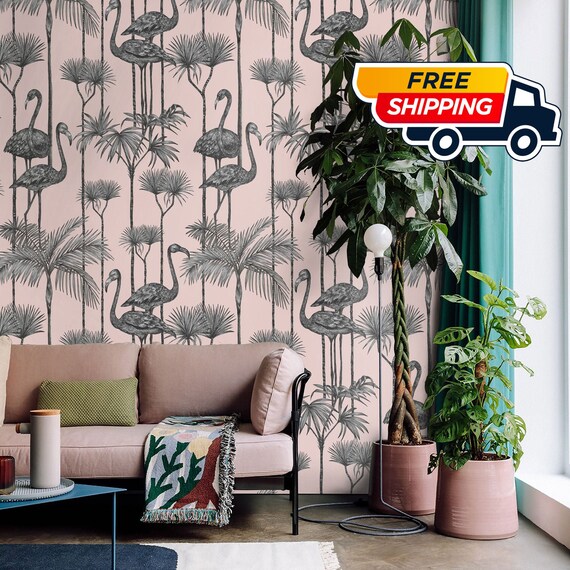 Pink Flamingo Wallpaper, Tropical Birds Vintage Wallpaper, Dramatic Wall Covering