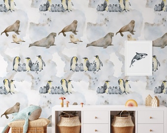 Polar Animals Nursery Wallpaper, Watercolor Arctic Animals Wall Paper, Kids Bedroom Winter Decor