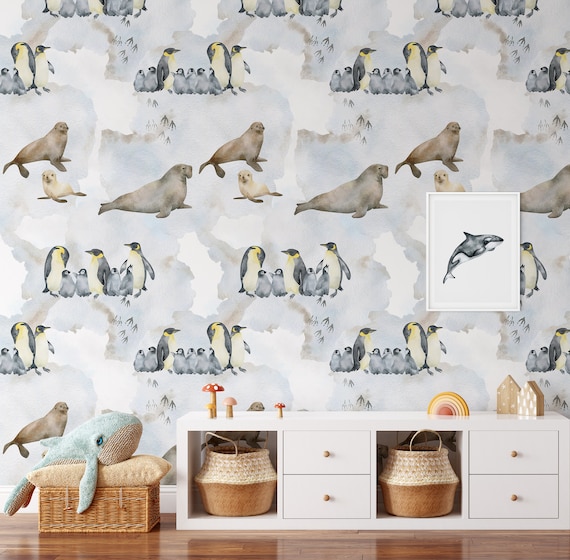 Polar Animals Kids Room Nursery Wallpaper, Watercolor Palette Kids Room Decor