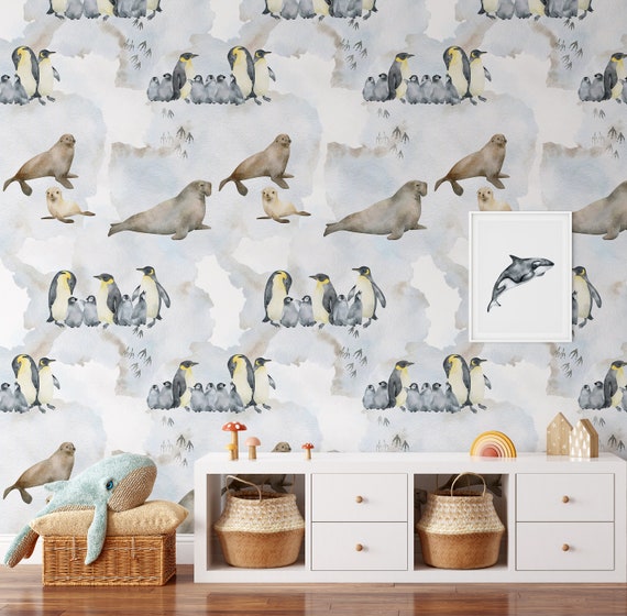 Polar Animals Kids Room Nursery Wallpaper, Watercolor Palette Kids Room Decor