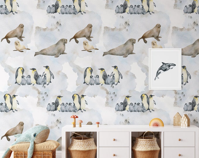 Polar Animals Nursery Wallpaper, Watercolor Arctic Animals Wall Paper, Kids Bedroom Winter Decor