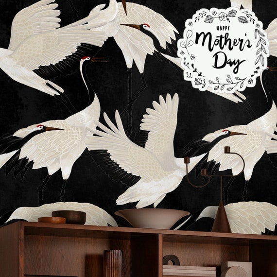 Black Herons Wallpaper, Chinoiserie Print Birds Wall Art, Vintage Crane Removable Wall Decor