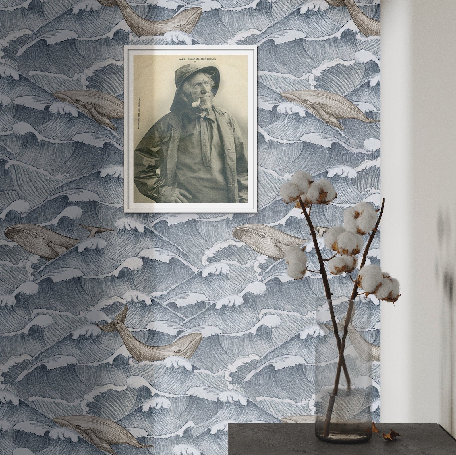 Image of Carta da Parati Mare Vintage con Onde e Balene Carta Vegana 250x200cm 5,5mq