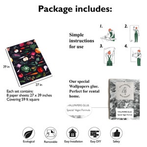 May include: A set of 8 wallpaper sheets featuring a colorful vegetable pattern on a black background. Each sheet measures 27 inches by 39 inches, covering 59 square feet. The package includes simple instructions for use, special wallpaper glue, and a guide for beginners. The wallpaper is ecological, removable, easy to install, DIY friendly, and safe.
