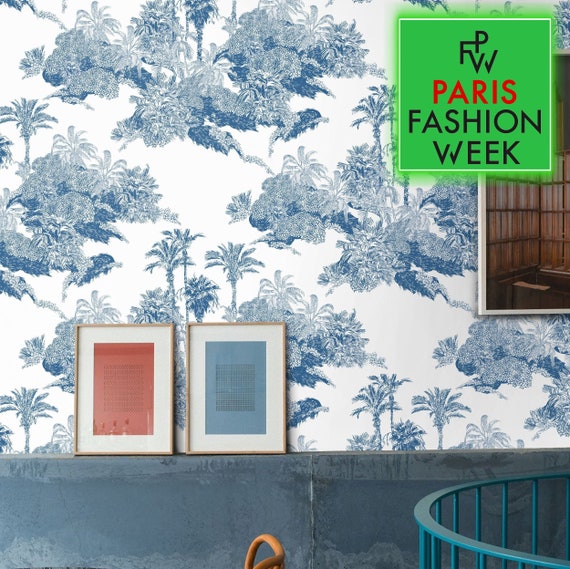 Tropical Landscape Toile wallpaper in Blue and White, Palm Tree Modern Beach House Decor, Toile Removable Wallpaper