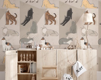 Cozy Cat Wallpaper for Blush Kids Room, Curious Cats Nursery Art for Accent Wall