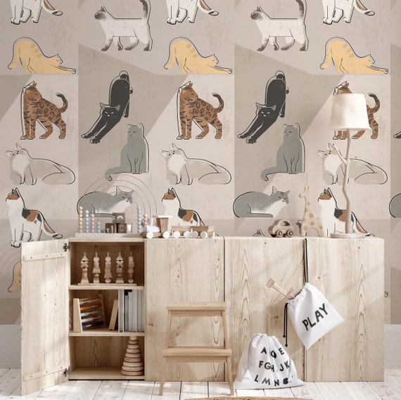 Cozy Cat Wallpaper for Blush Kids Room, Curious Cats Nursery Art for Accent Wall