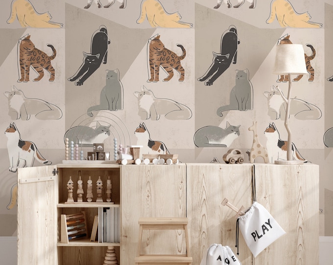 Cozy Cat Wallpaper for Blush Kids Room, Curious Cats Nursery Art for Accent Wall