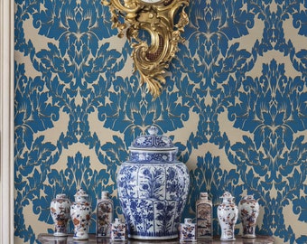 Blue Victorian Baroque Damask Wallpaper, Vintage Style, Retro Living Room Decor, Elegant Wall Covering