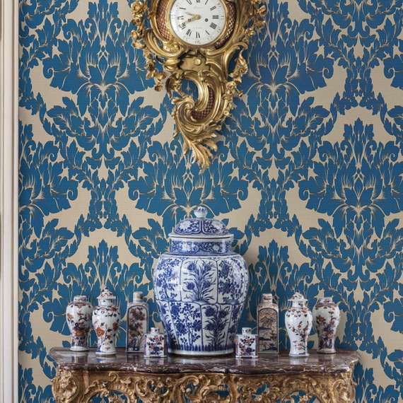 Blue Victorian Baroque Damask Wallpaper, Vintage Style, Retro Living Room Decor, Elegant Wall Covering