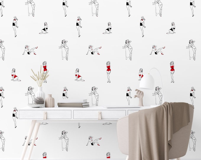 Vintage Pin-Up Girl Wallpaper - Retro Fashion Illustrations for Unique Home Decor, Stylish Wall Art & Vintage Charm