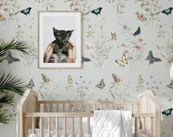 Baby Bedroom Butterfly Wallpaper, Delicate Colors Butterflies Floral Print, Nursery Decor Spring Field WildFlowers