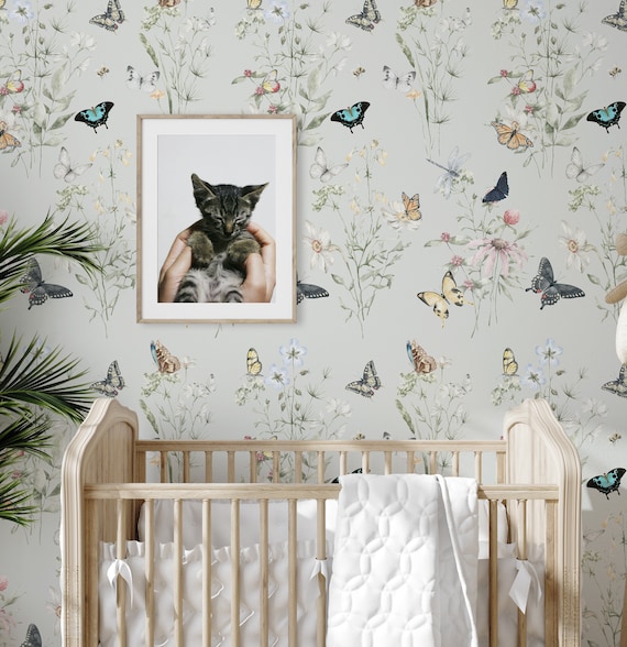 Baby Bedroom Butterfly Wallpaper, Delicate Colors Butterflies Floral Print, Nursery Decor Spring Field WildFlowers