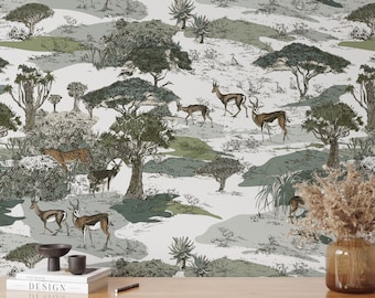 African Savannah Safari Wallpaper, Wild Animal Wall Art with Leopards and Antelopes