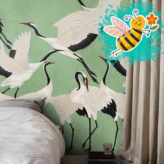 Green Heron Print Wallpaper, Crane Wallpaper, Removable Wallpaper, Elegant Crane Dance Wallpaper, Graceful Bird Design