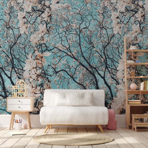 Elegant Almond Blossom Wallpaper: Sky Blue Floral Wall Decor for Artistic Home Ambiance