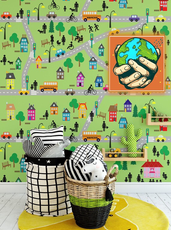 A fun city map wallpaper for kids room Decor, Village Wall Art with roads