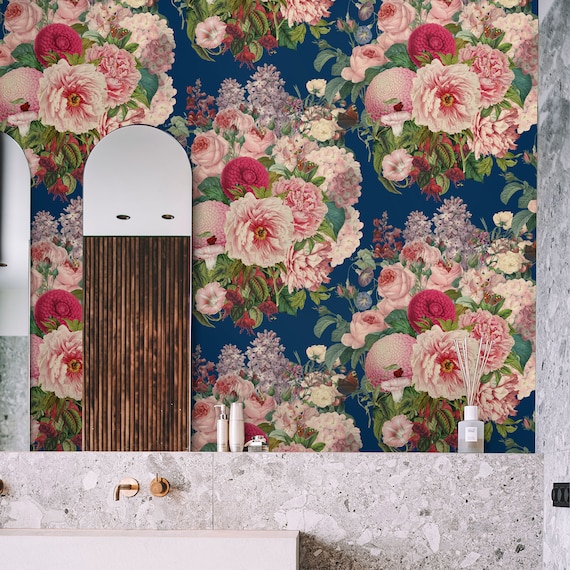 Blue Floral Dutch Wallpaper for maximalist decor, large floral prints with Botanical Stamp