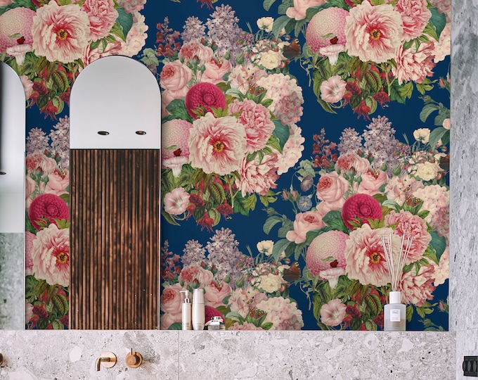 Blue Floral Dutch Wallpaper for maximalist decor, large floral prints with Botanical Stamp