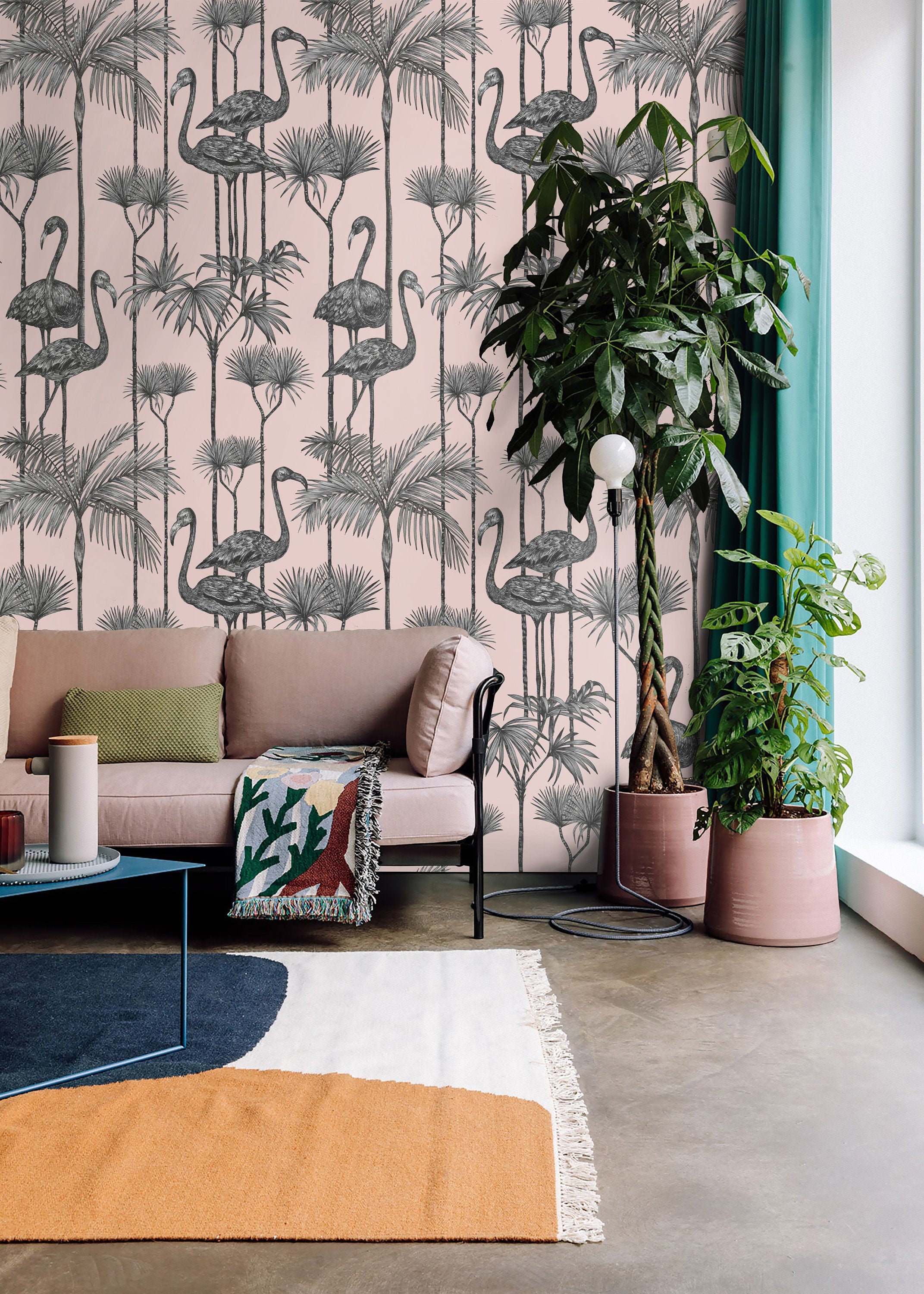Pink Flamingo Wallpaper Tropical Birds Vintage Wallpaper Etsy