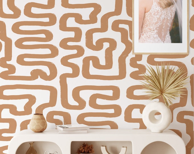 Hazelnut and White Neutral Tones Labyrinth Pattern Boho Wallpaper, Metro Lines Wall Decor in Caffe Latte