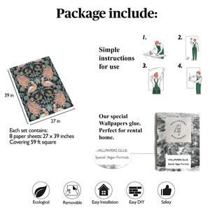 May include: A set of wallpaper featuring a floral pattern with peacocks in shades of green, pink, and black. The wallpaper is 27 inches by 39 inches and covers 59 square feet. The package includes instructions, wallpaper glue, and a guide for beginners.