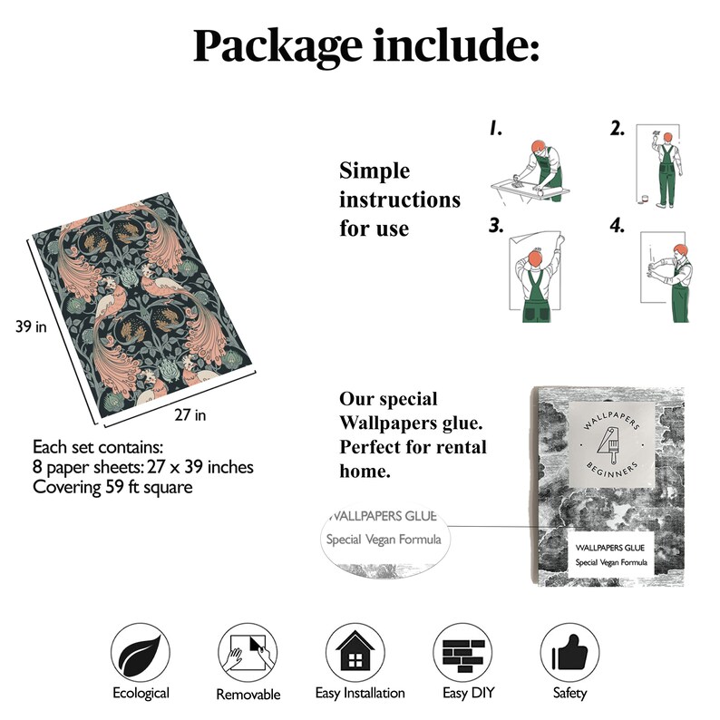 May include: A set of wallpaper featuring a floral pattern with peacocks in shades of green, pink, and black. The wallpaper is 27 inches by 39 inches and covers 59 square feet. The package includes instructions, wallpaper glue, and a guide for beginners.