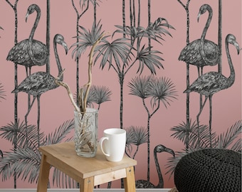 Hand-Drawn Pink Flamingos in Tropical Forest Wallpaper - Serene and Exotic Wall Decor for a Whimsical Escape