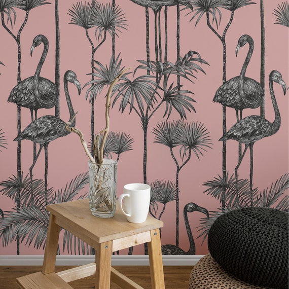 Hand-Drawn Pink Flamingos in Tropical Forest Wallpaper - Serene and Exotic Wall Decor for a Whimsical Escape