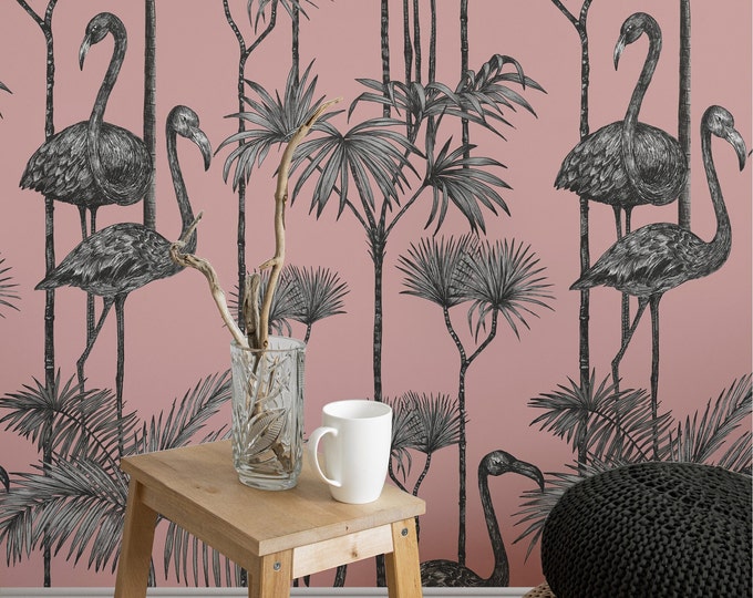 Hand-Drawn Pink Flamingos in Tropical Forest Wallpaper - Serene and Exotic Wall Decor for a Whimsical Escape