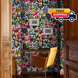 Scandinavian Folk Art Wallpaper: Vibrant Floral & Bird Decor for Eclectic Home Office, Funky Botanical Wall Art