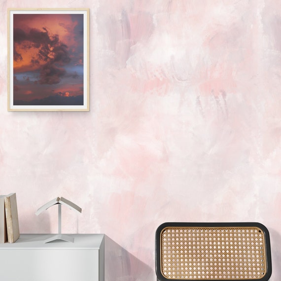 Pink Concrete Texture Wallpaper, Soft Venetian Plaster Background Wall Covering, Pink watercolor gradient Wall Art