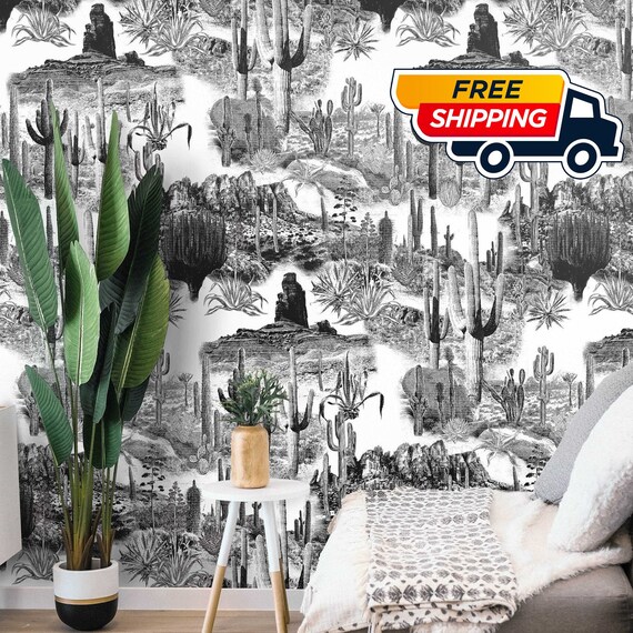 Black and White Cactus Wallpaper, Desert Landscape Wall Decor in Etching Print, Cactus Wall Art