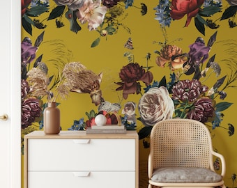 Floral Overlay Dutch Wallpaper for Baroque Decor or Accent Wall, White Peonies Botanical Flowers