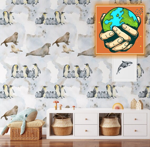 Polar Animals Kids Room Nursery Wallpaper, Watercolor Palette Kids Room Decor