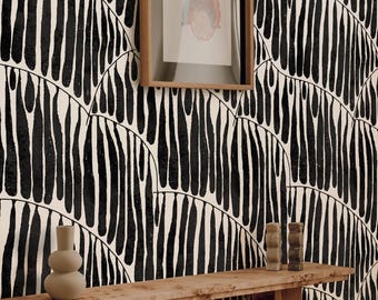 Black Abstract Wallpaper with Bold Brushstroke Pattern, Graphic Black and White Wallpaper for Living Room