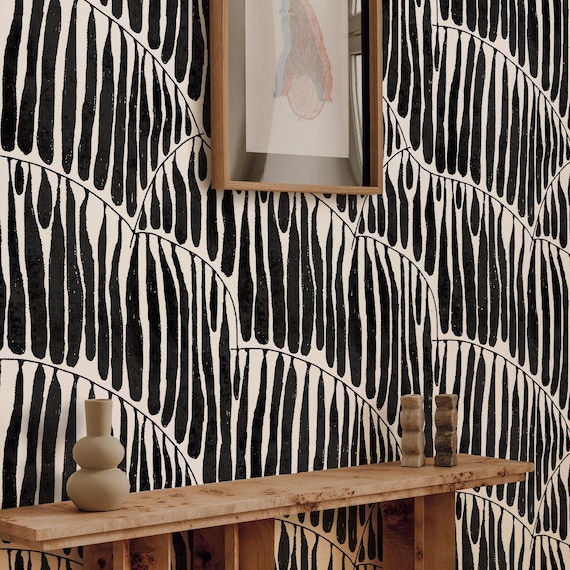 Black Abstract Leaf Wallpaper, Bold Zebra-Like Wall Art for Modern Interiors & Home Decor