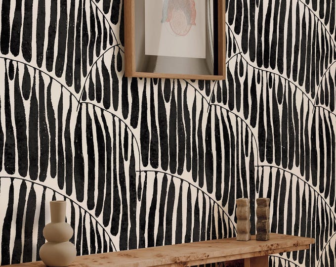 Black Abstract Wallpaper with Bold Brushstroke Pattern, Graphic Black and White Wallpaper for Living Room