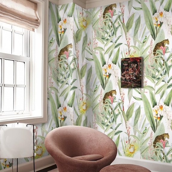 Vintage Tropical Forest with Jaguars and Parrots Wallpaper, Chic Vintage Jungle: A Tropical Paradise for Your Walls