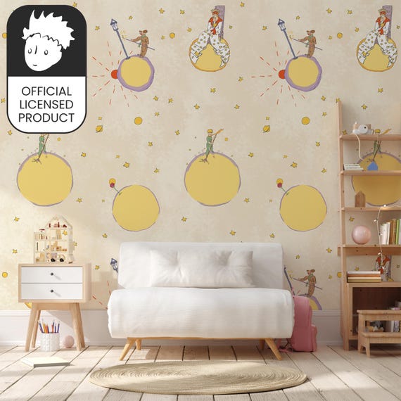 Official Little Prince Planets Characters Wallpaper - Vintage Story Journey Pattern for Kids Room & Study Decor