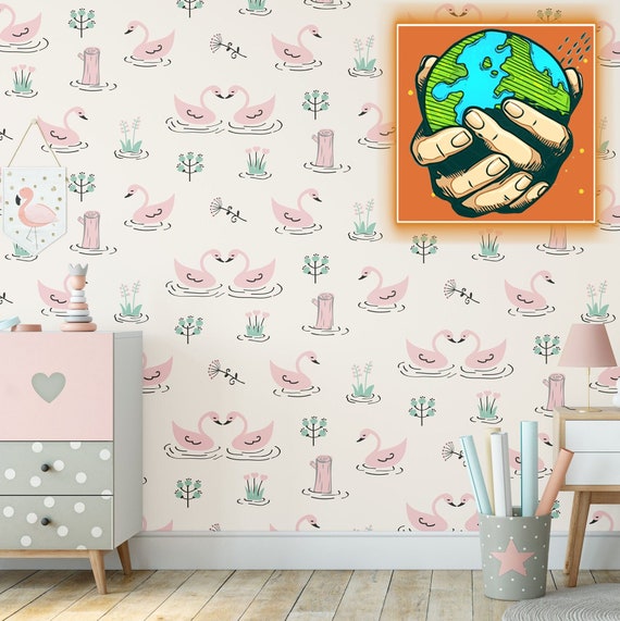 Swan Wallpaper for Nursery Decor, Pink Swans for Girl Bedroom