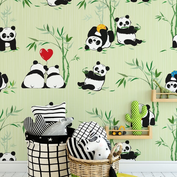 Kids Room Wallpaper with Cute Pandas and Bamboo Trees, Panda Wall Art