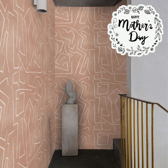 Salmon Cream Soft Grunge Removable Wall Paper in Boho Color Palette, Graffiti Wall Decor Danish Pastel Tones