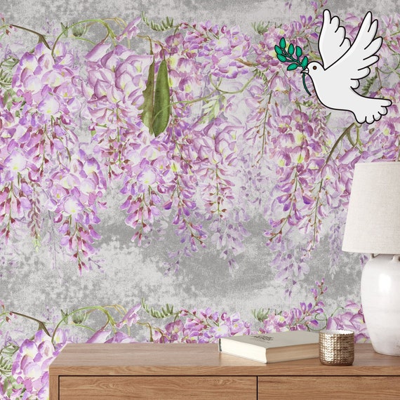 Beautiful Watercolor Wisteria Vine Hanging Wallpaper, Impressionism Blossom Flowers Wall Decor