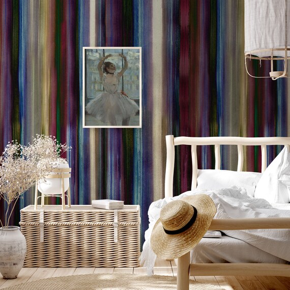 Watercolor striped wallpaper, Large Abstract Vertical Stripes Colorful Wall Art for Modern Decor