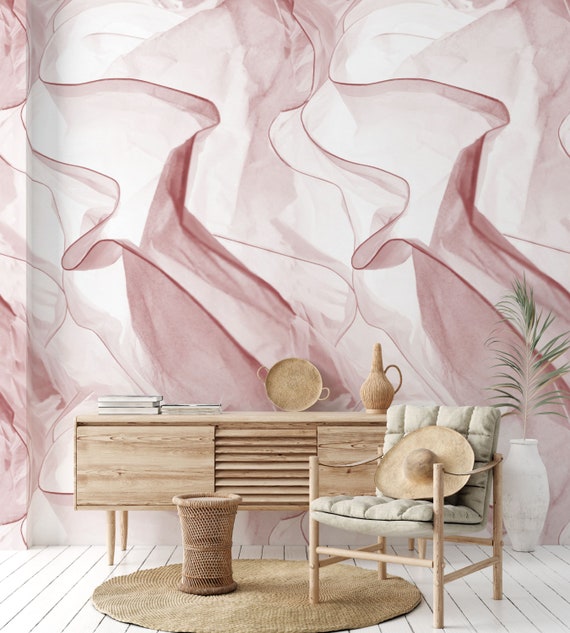 Fluttering Veils Pink Wallpaper for a Dreamy Space, Delicate Drapery Wallpaper, Air Fabric Folds Wallpaper