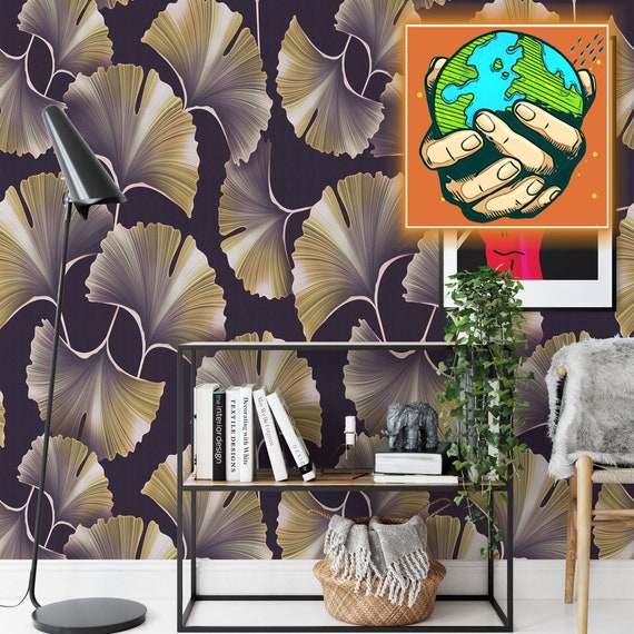 Leaves of Ginkgo Biloba Wallpaper, Modern Retro Plant Ginkgo Leaf Wall Decor, Chinese Wall Art