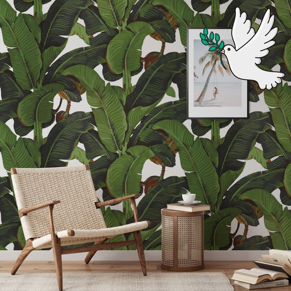 Banana Leaf Tropical Rainforest Wallpaper, Green Leaves Print Palm Tree Jungle Print Boho Decor